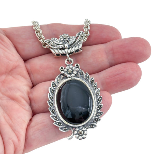 Vintage Sterling Silver 925 Onyx Marcasite Floral Pendant Necklace 26.5"