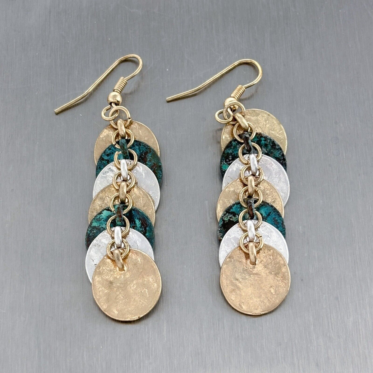 Vintage Gold-Tone Teal Multi-Disc Dangle Earrings