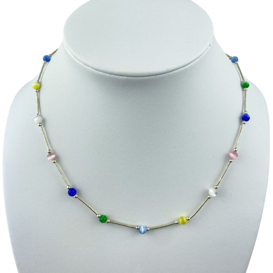 Vintage Sterling Silver 925 Multicolor Cat’s Eye Bead Necklace 15.75”