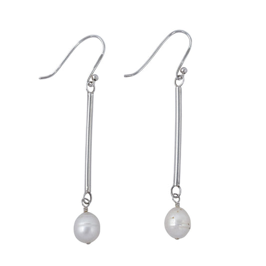 Estate Sterling Silver 925 Pearl Bar Drop Earrings