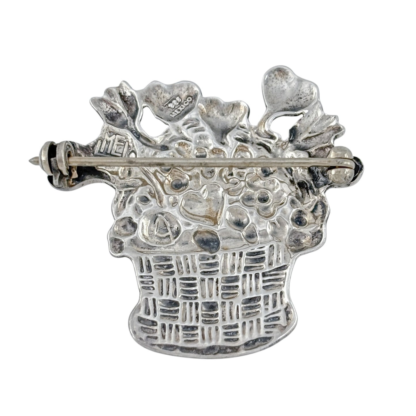 Vintage Sterling Silver 925 Mary Engelbreit Heart Flower Basket Brooch