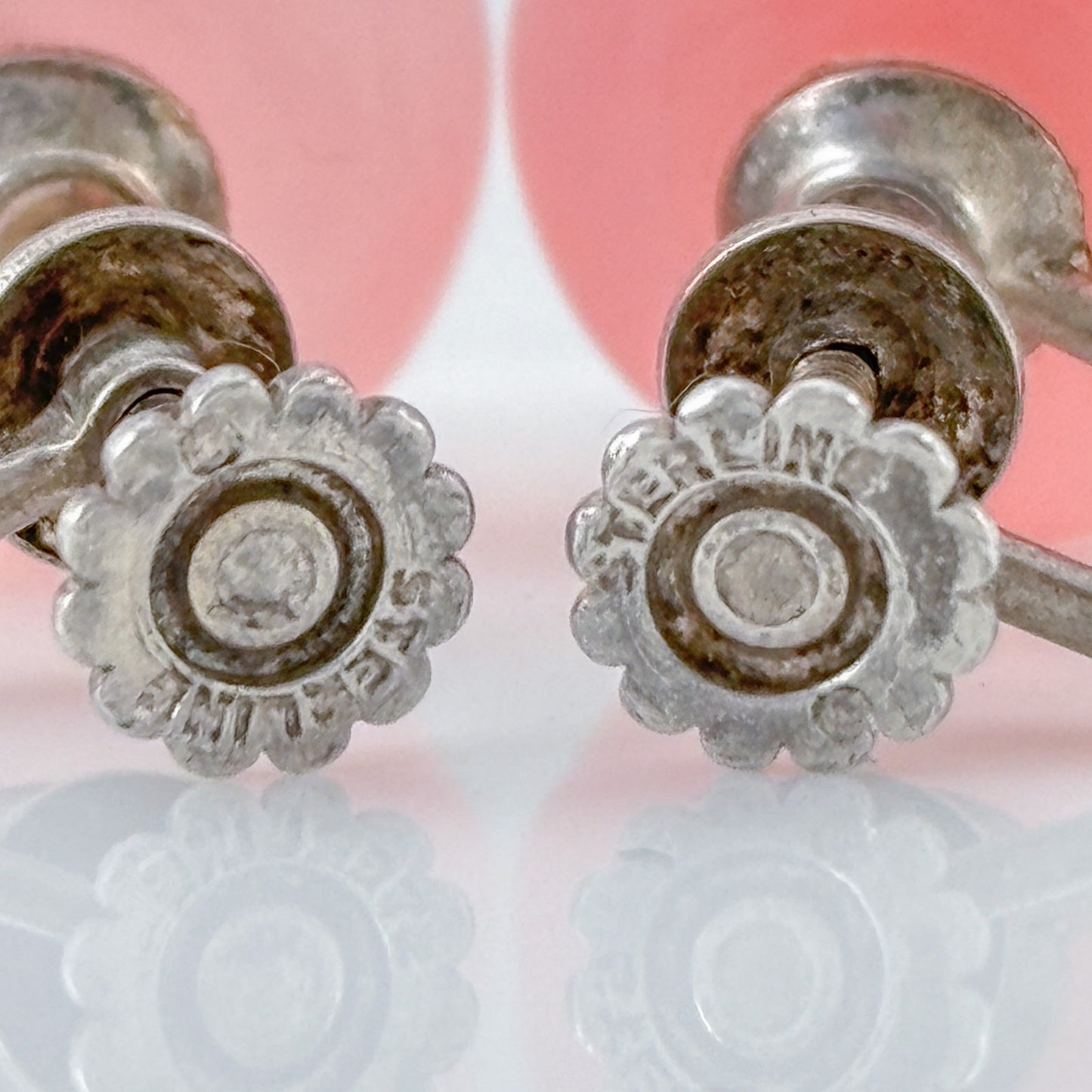 Vintage Sterling Silver 925 Pink Acrylic Screw Back Earrings