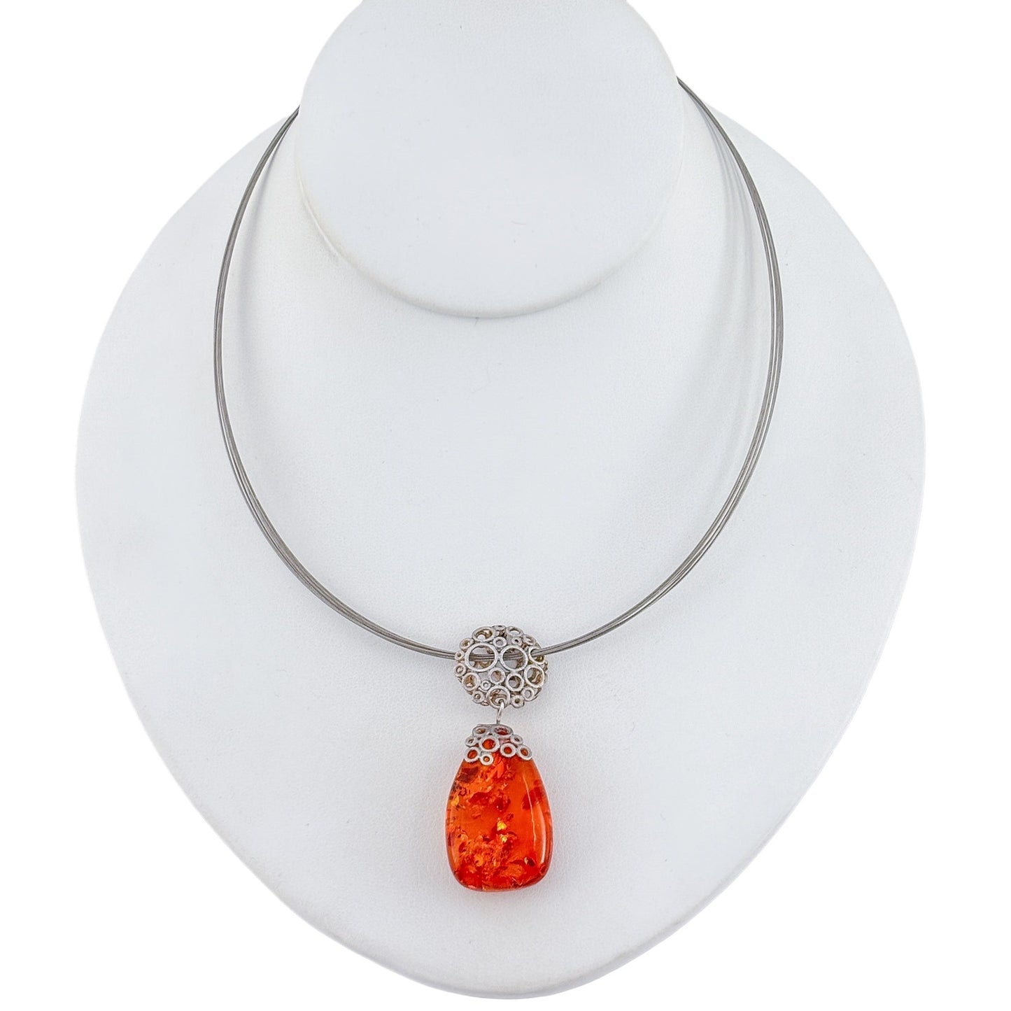Vintage Sterling Silver 925 Amber Teardrop Pendant Necklace 16.5-18.5"