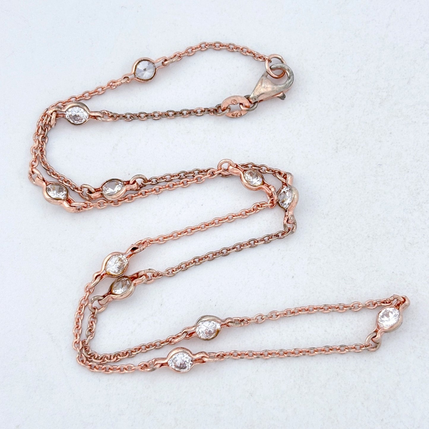 Vintage Sterling Silver 925 Rose Gold-Tone Cubic Zirconia Station Necklace 16"