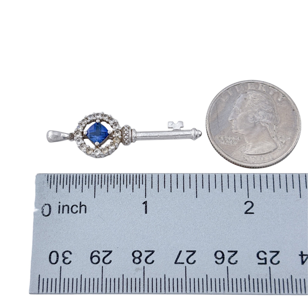 Vintage Sterling Silver 925 Lab Created Blue & White Sapphire Key Pendant