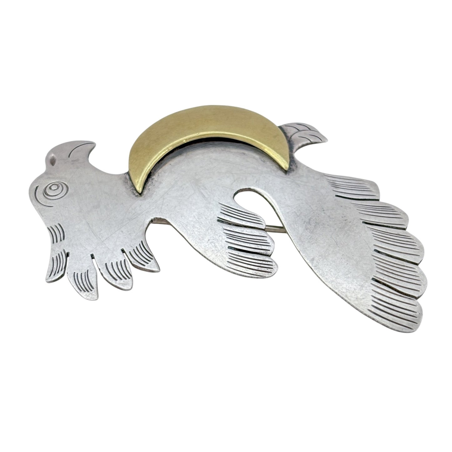 Vintage Sterling Silver 925 Bird Brass Moon Brooch