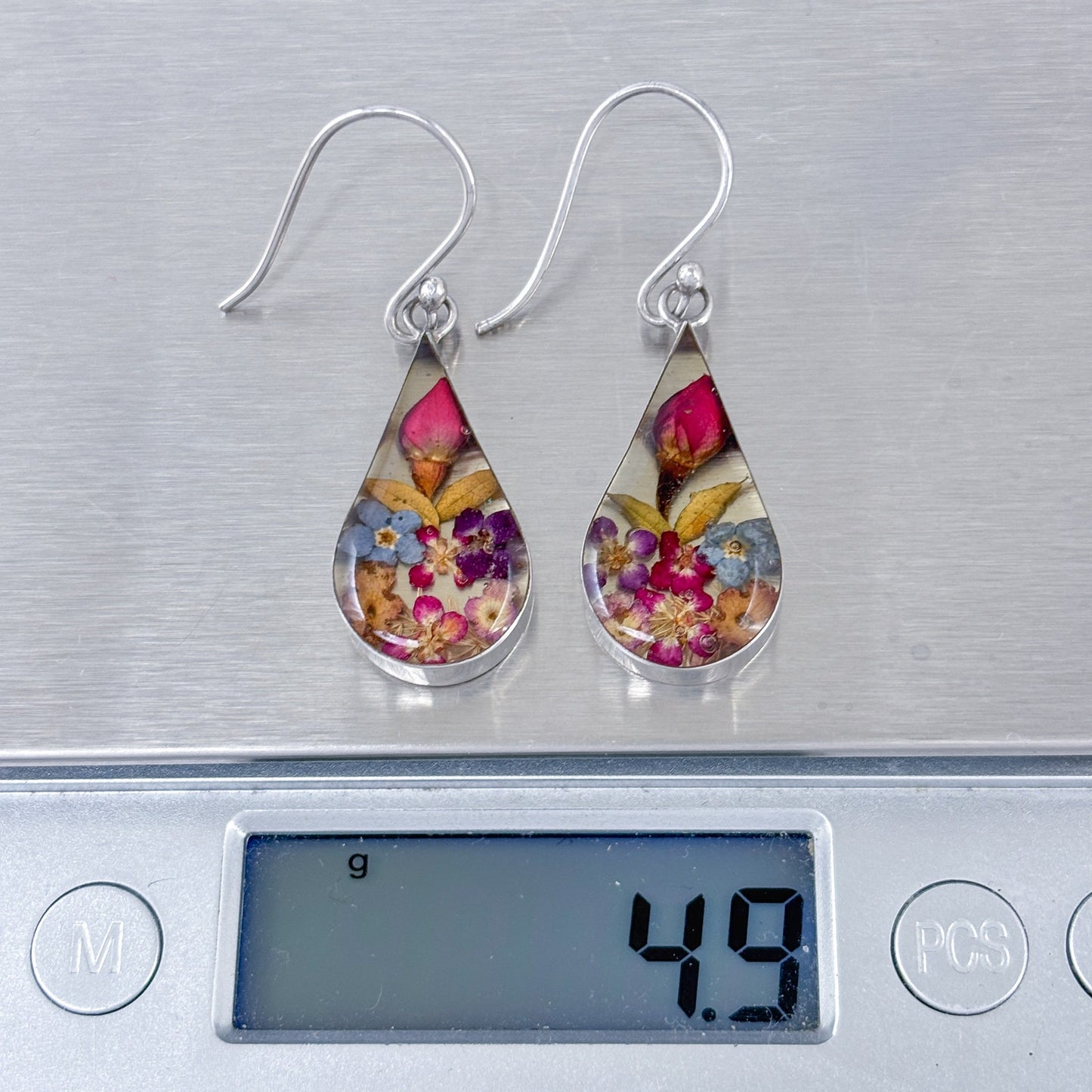 Estate Mexican Sterling Silver 925 Pressed Flower Teardrop Earrings