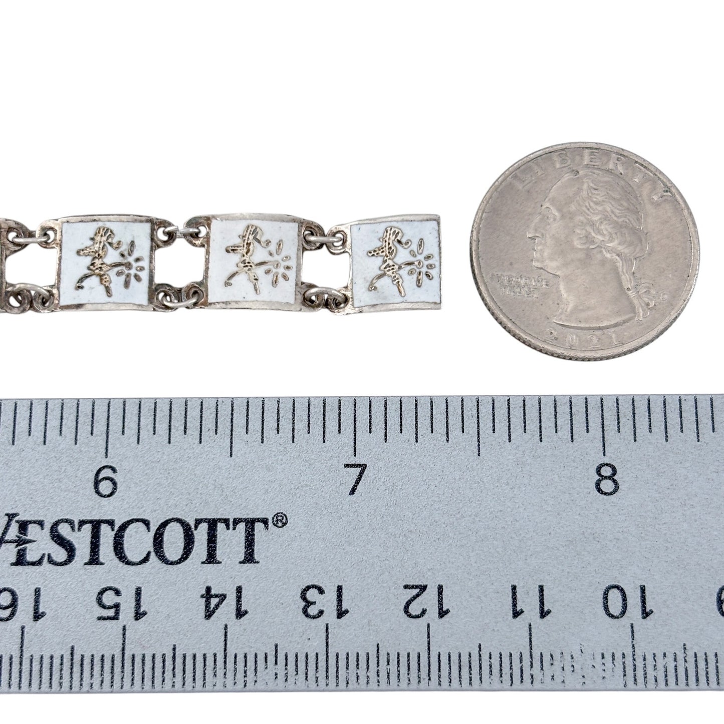 Vintage Sterling Silver 925 White Niello Siam Dancer Link Bracelet 7.25"
