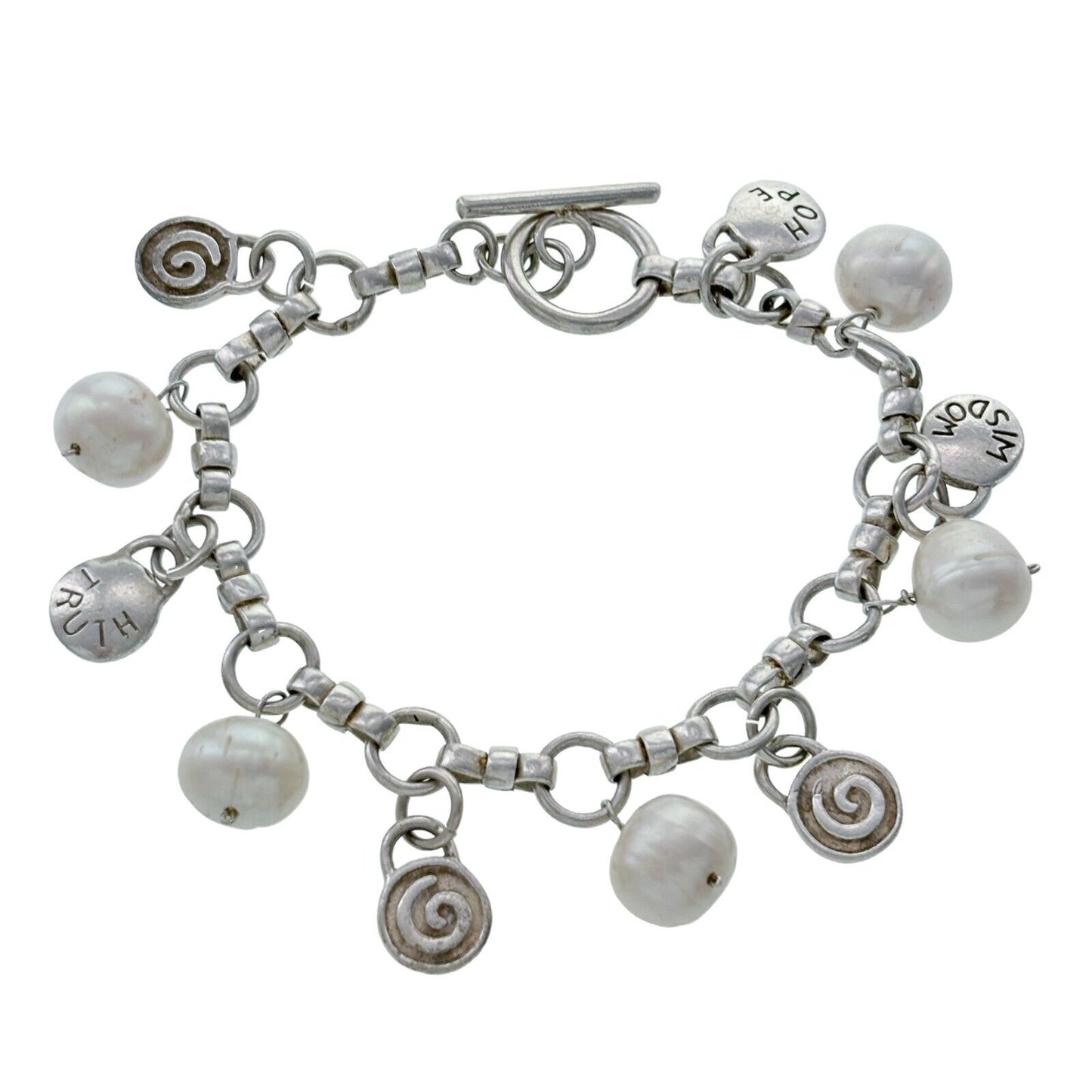 Vintage Sterling Silver 925 Pearls and Spiral Inspirational Charm Bracelet 7.25"