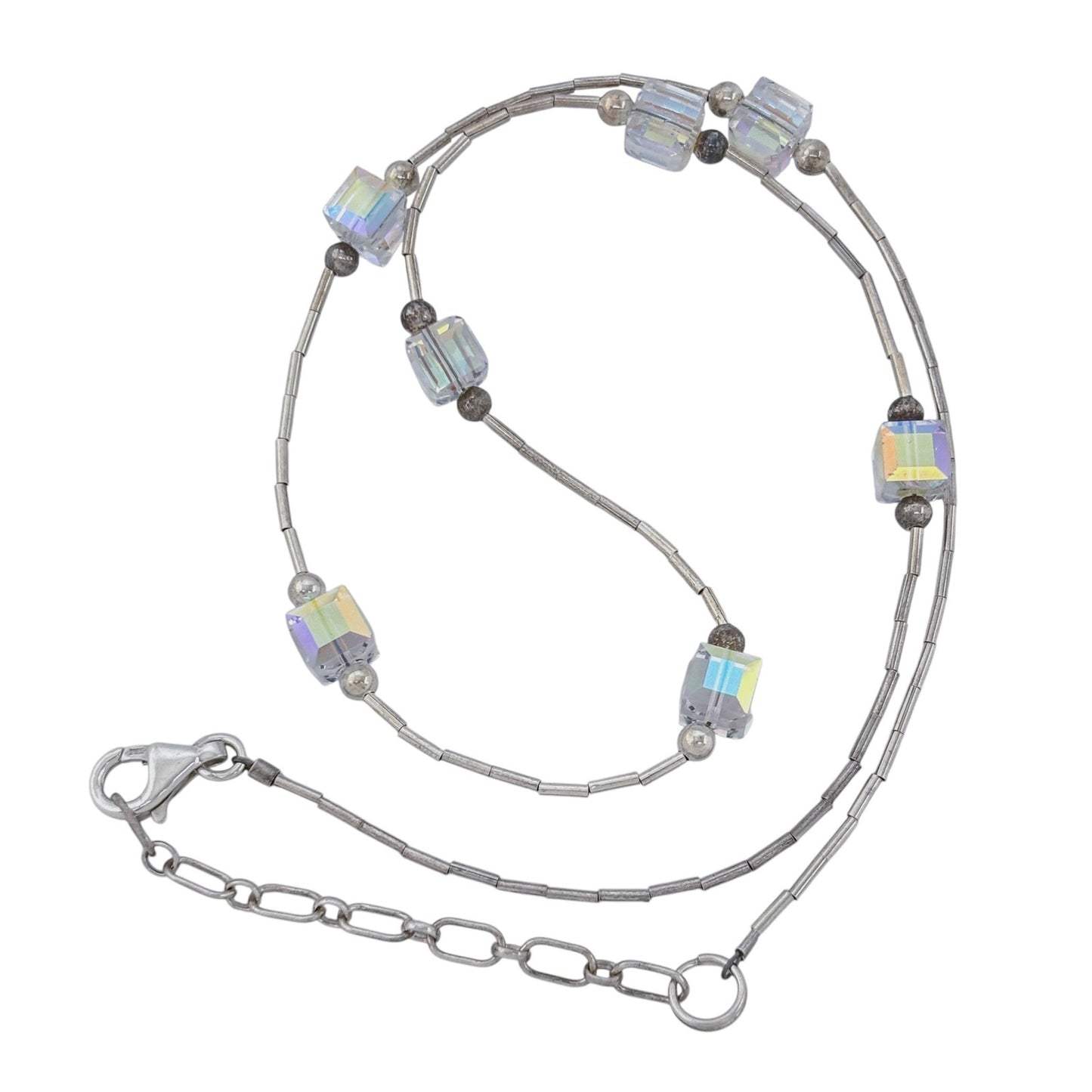 Vintage Sterling Silver 925 Aurora Borealis AB Crystal Necklace 16"-18"