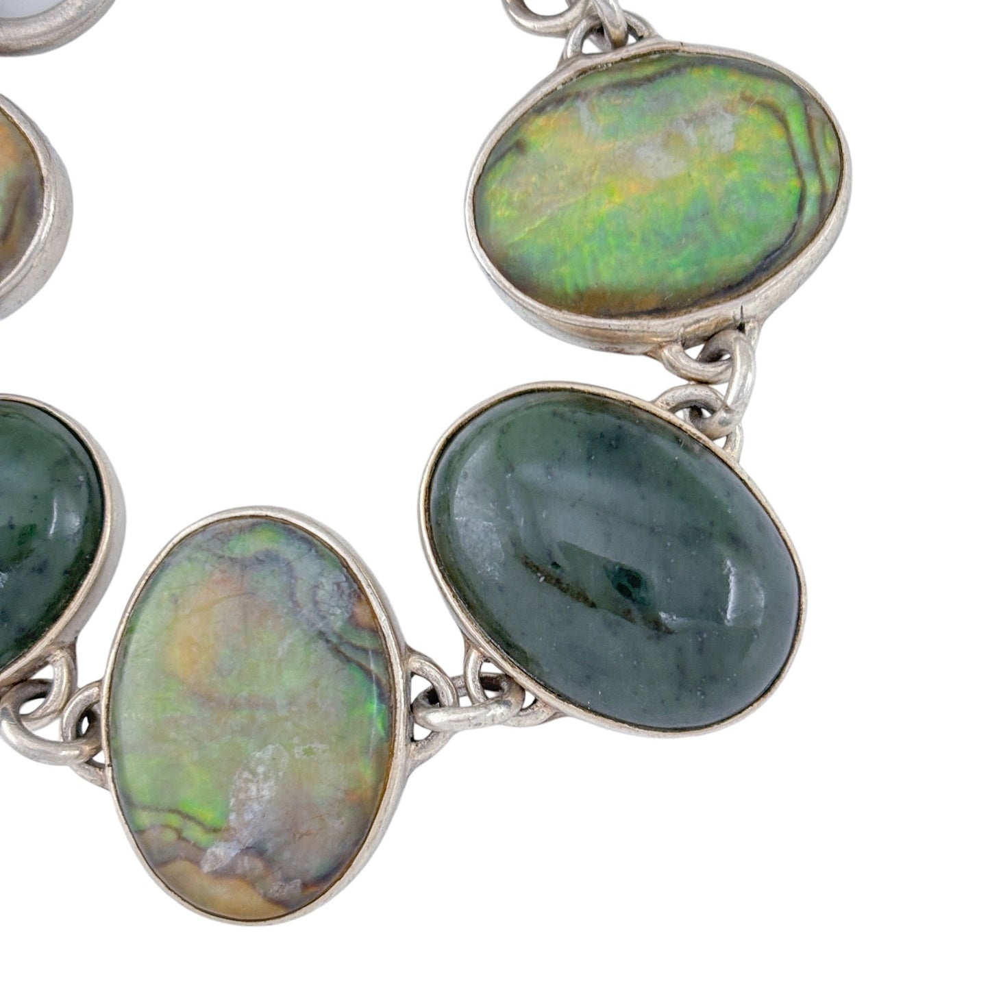 Vintage Sterling Silver 925 Abalone and Nephrite Link Bracelet 6-7"
