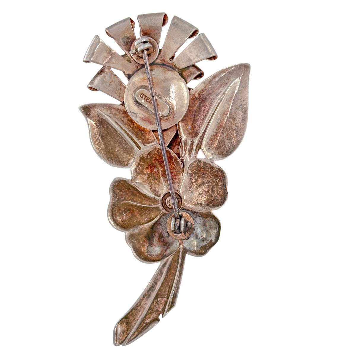 Vintage Rose Gold Vermeil Sterling Silver Double Flower Brooch