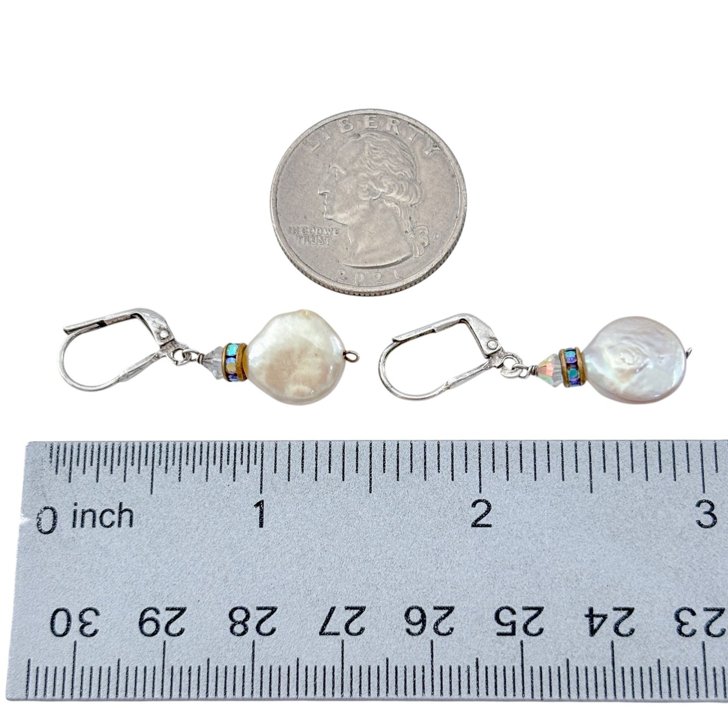Vintage Sterling Silver 925 White Coin Pearl & Crystal Dangle Earrings