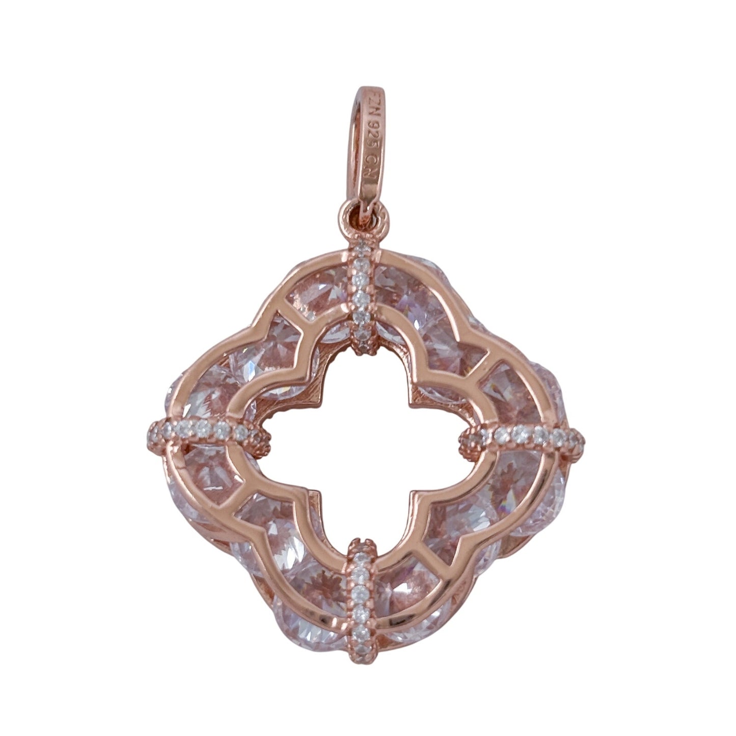 Vintage Rose Gold-Tone Sterling Silver 925 Cubic Zirconia Quatrefoil Pendant