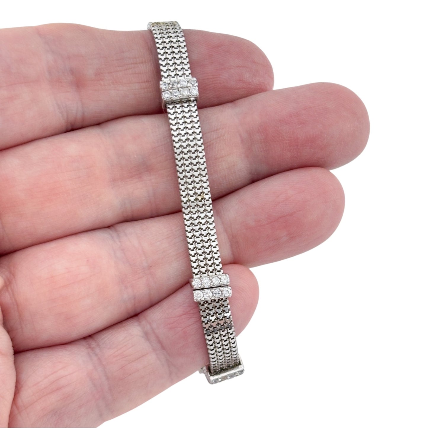 Vintage Sterling Silver 925 Cubic Zirconia Mesh Bracelet 7-8"