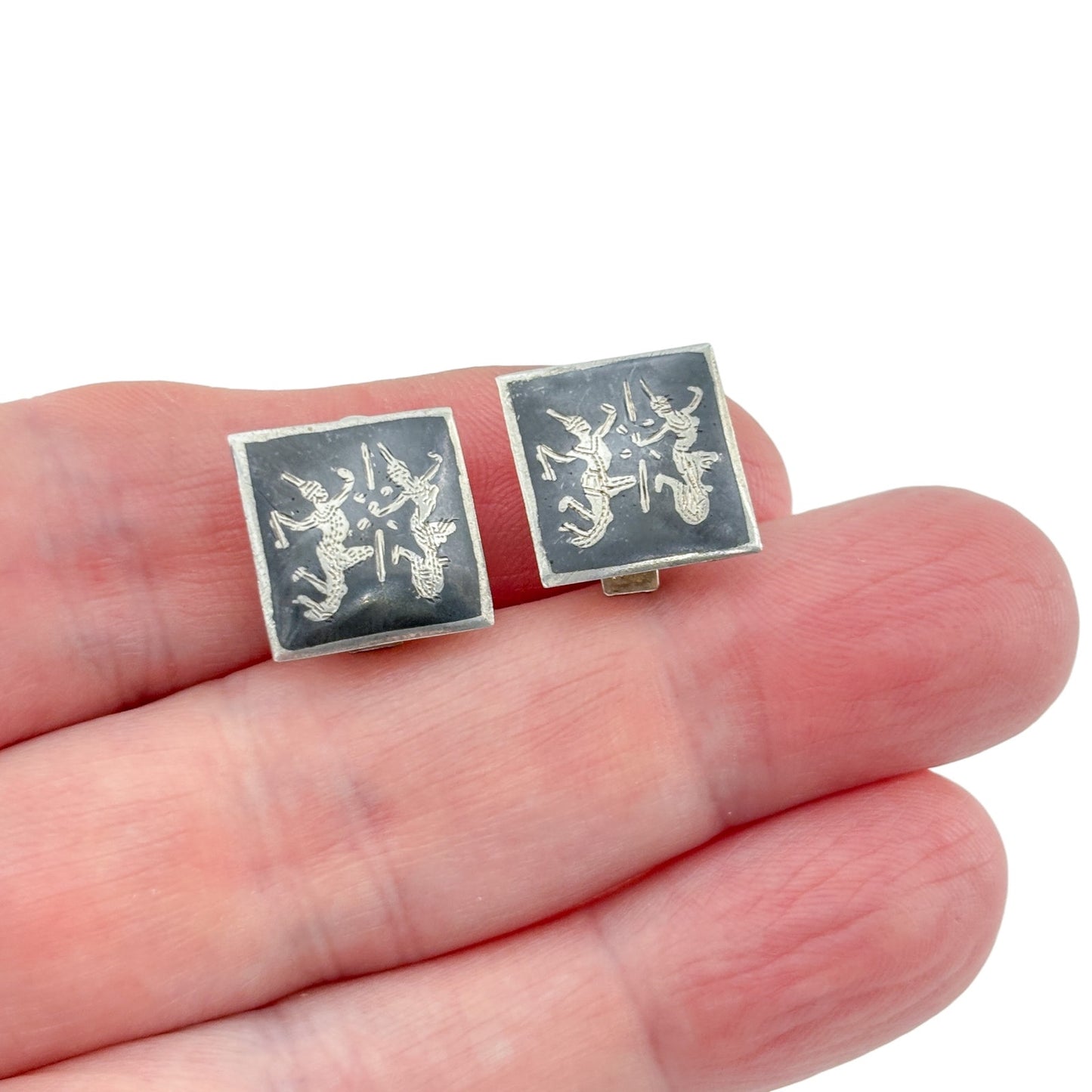 Vintage Sterling Silver 925 Siam Niello Clip-On Earrings