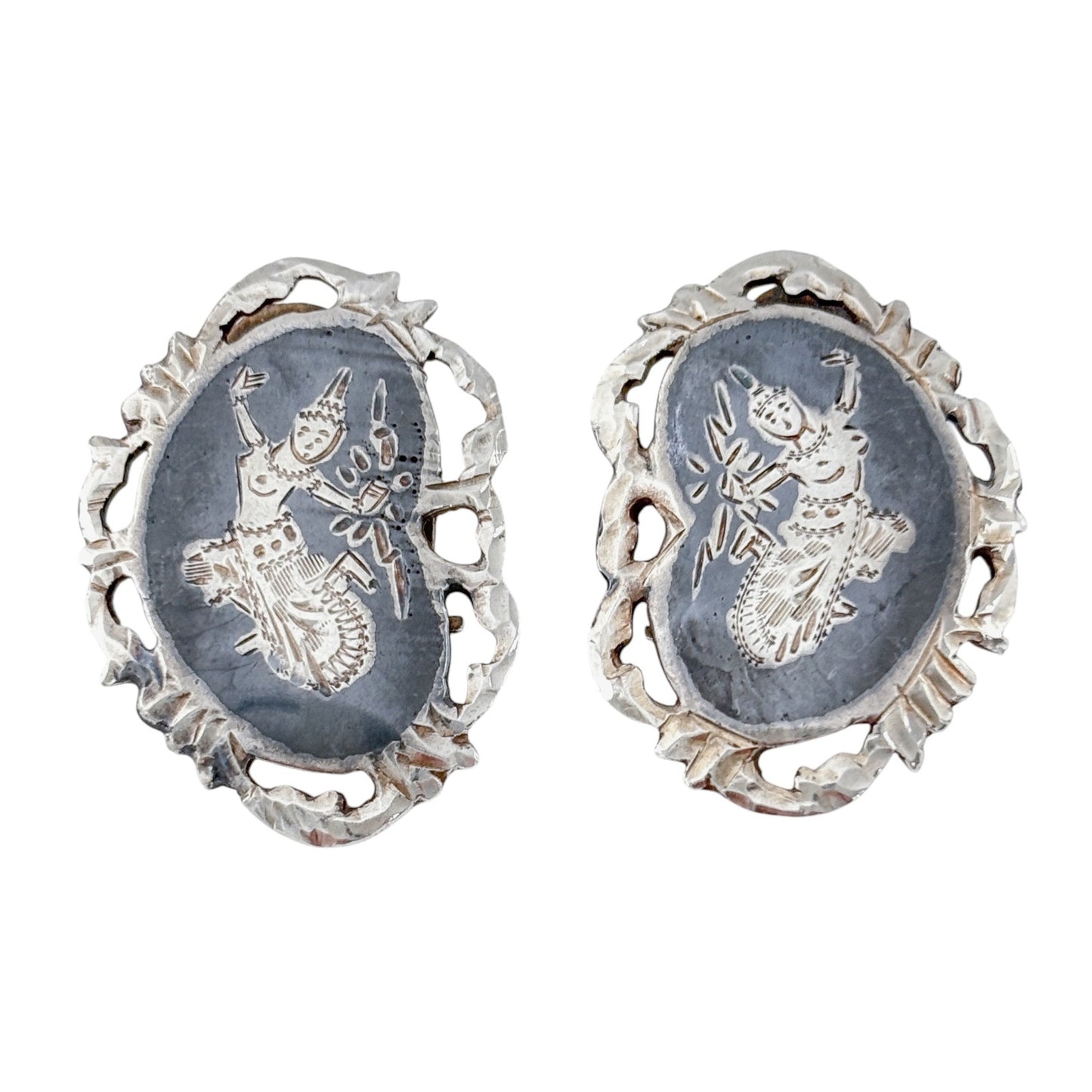 Vintage Sterling Silver 925 Black Siam Dancer Clip On Earrings