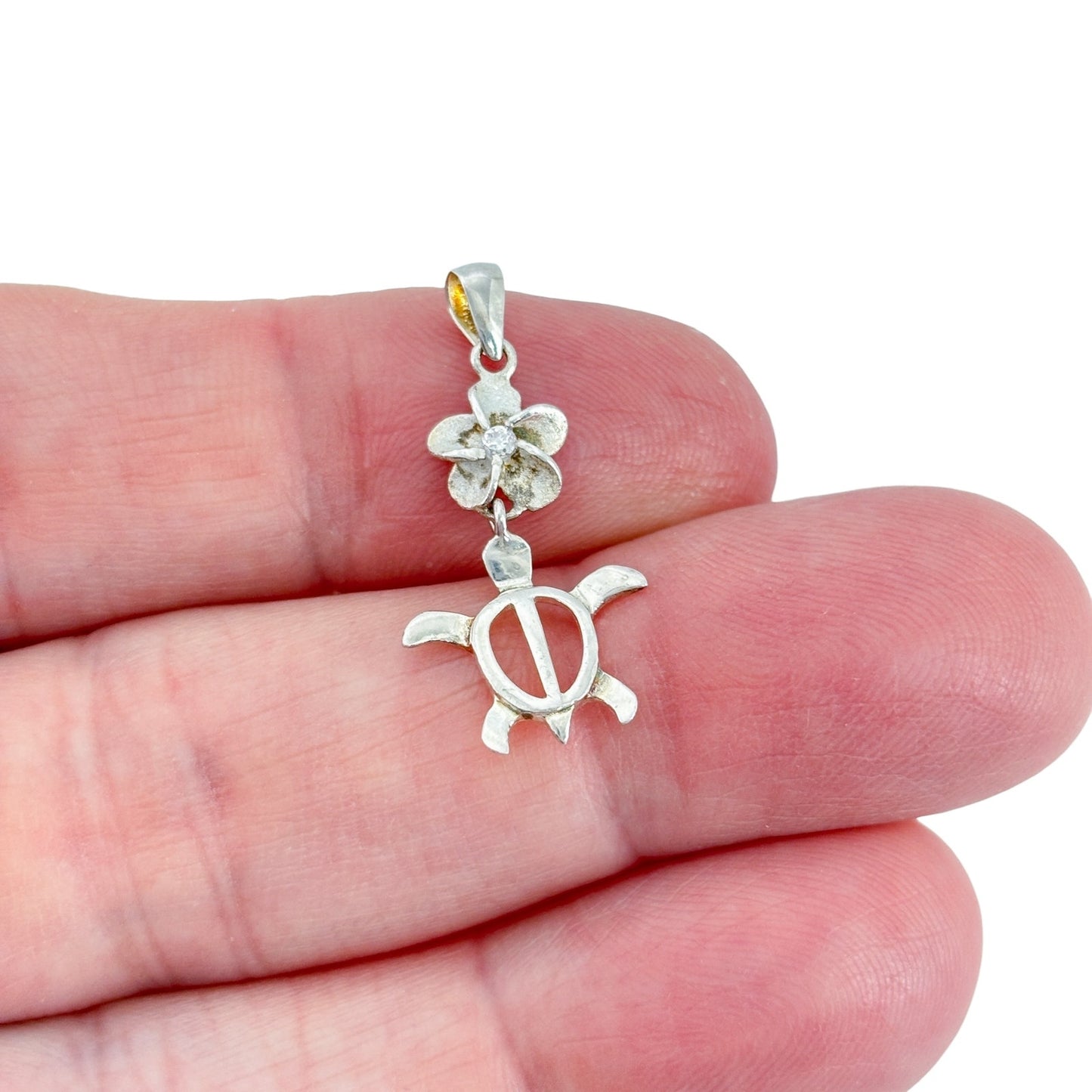 Vintage Sterling Silver 925 Cubic Zirconia Sea Turtle Plumeria Pendant