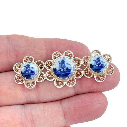 Vintage Sterling Silver 925 Delft 3 Panel Brooch