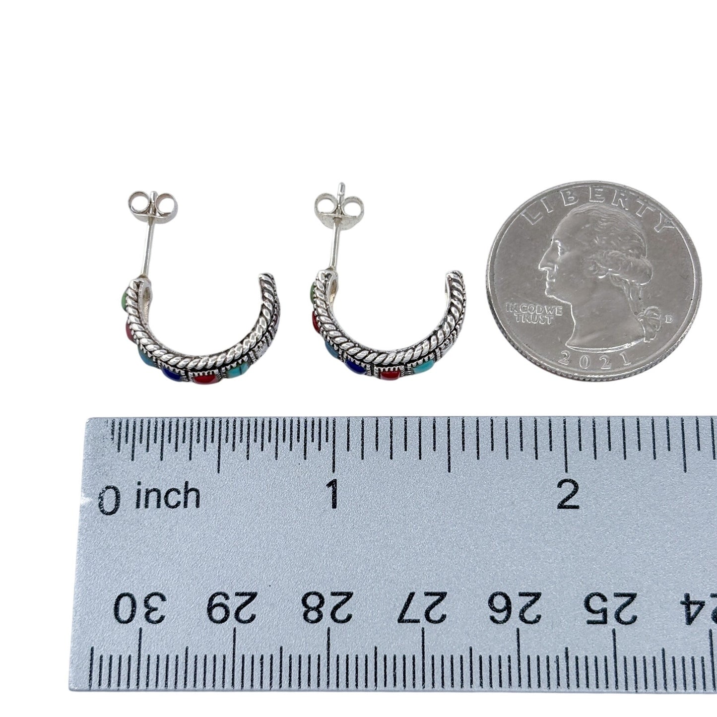 Estate Sterling Silver 925 Multi Gemstone Hoop Earrings