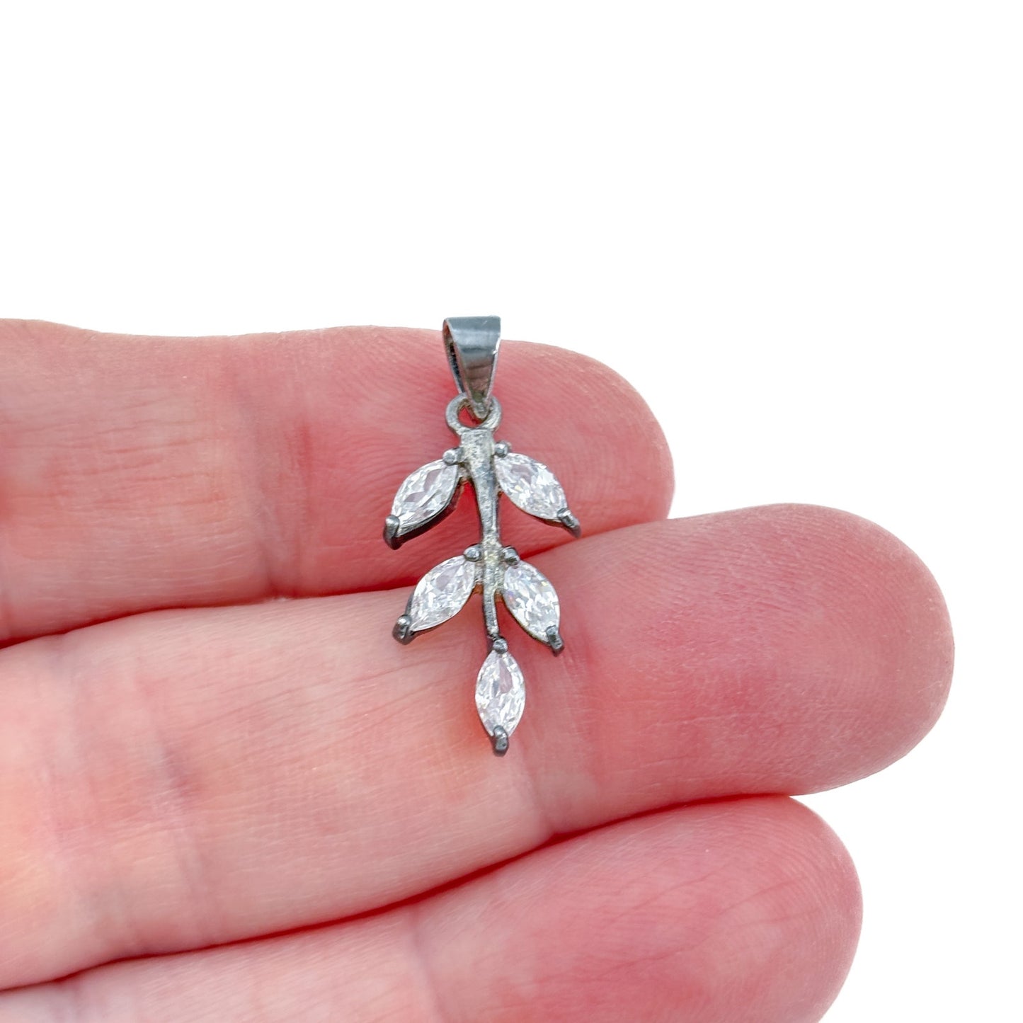Vintage Sterling Silver 925 Cubic Zirconia Leaf Pendant
