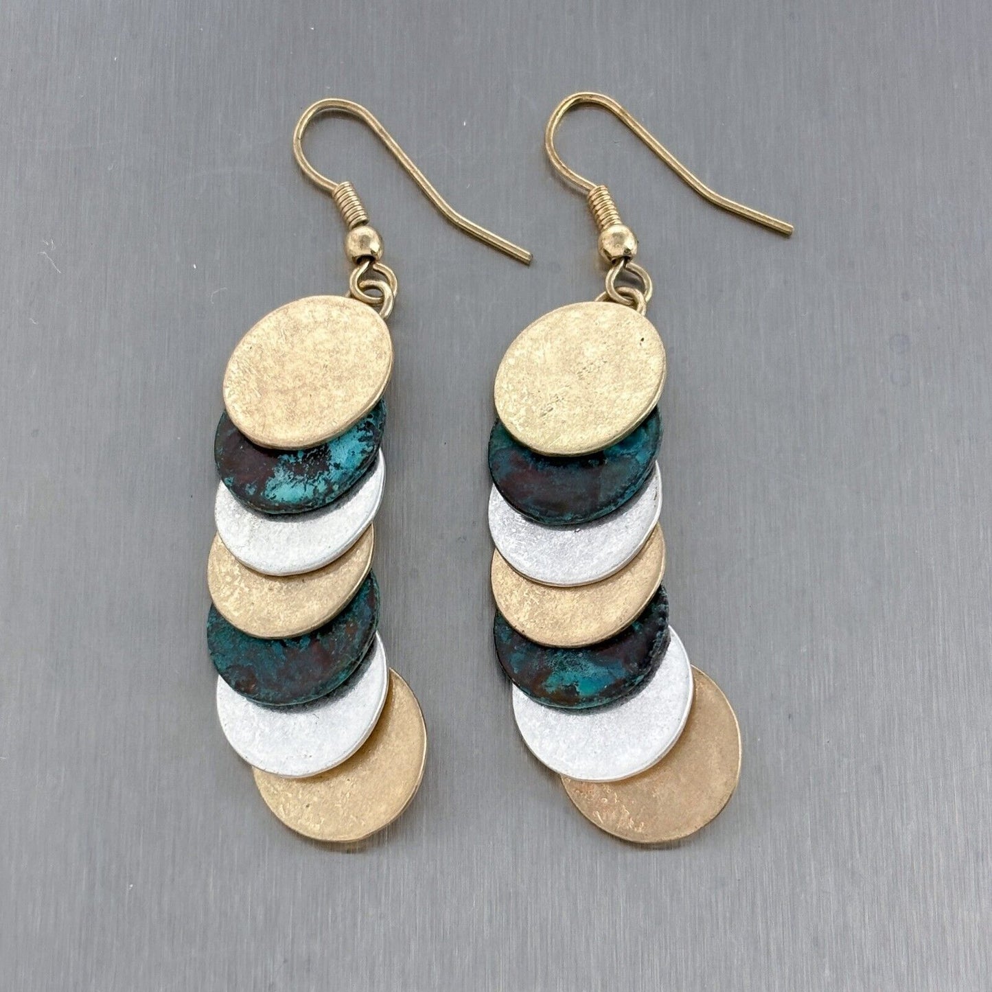 Vintage Gold-Tone Teal Multi-Disc Dangle Earrings