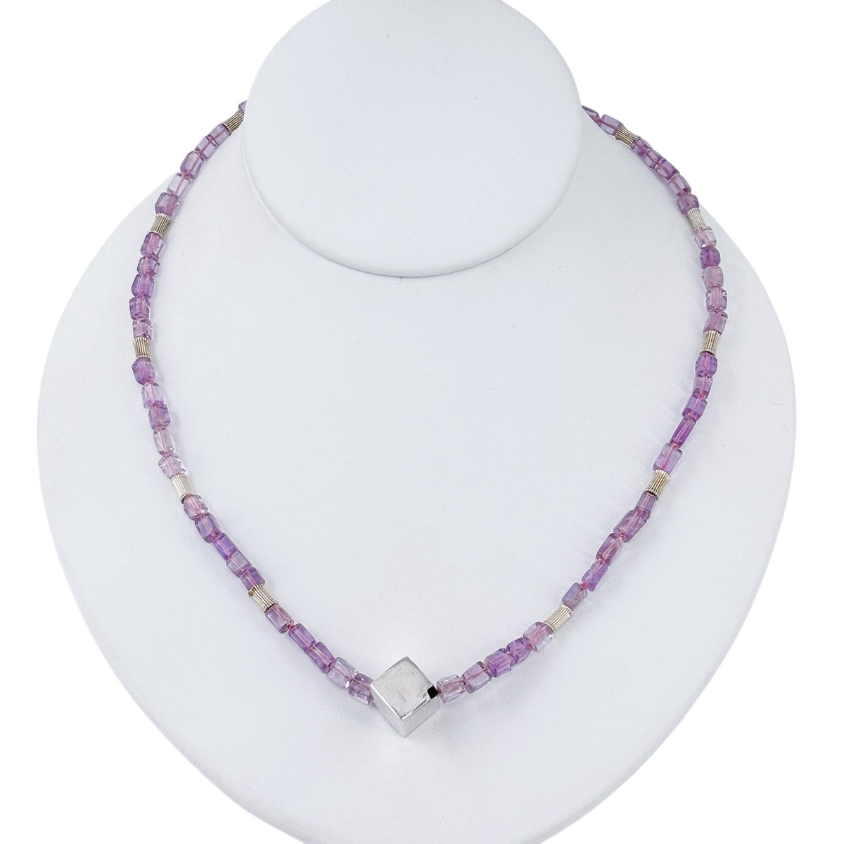 Vintage Sterling Silver 925 Amethyst & Cube Beaded Necklace 21"