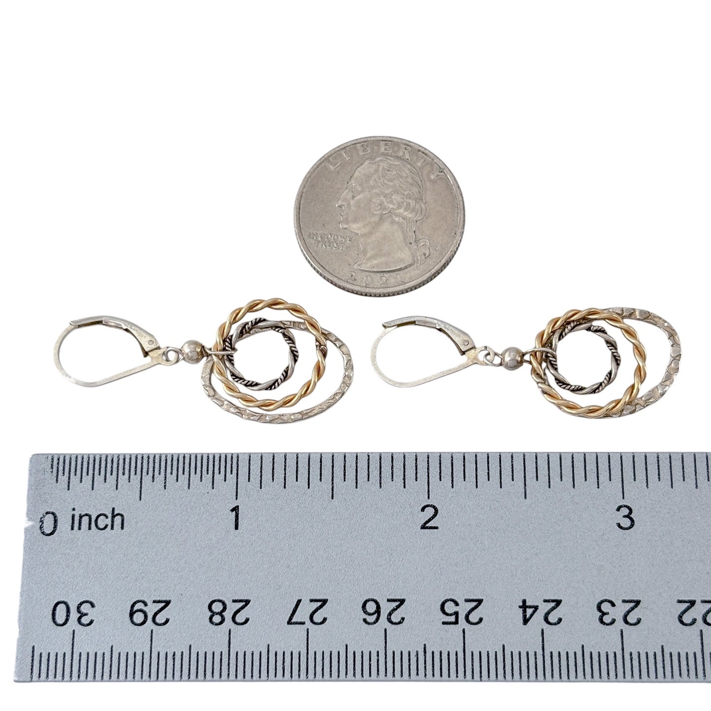Vintage Sterling Silver 925 Two Tone Hoop Dangle Earrings