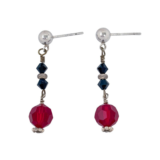 Vintage Sterling Silver 925 Red Crystal Bead Drop Earrings