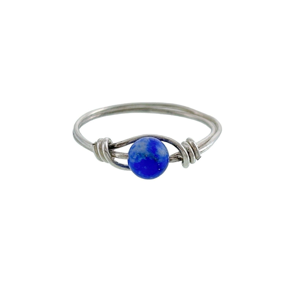 Vintage Silver-Tone Wire Wrapped Blue Lapis Lazuli Sphere Bead Ring Size 3