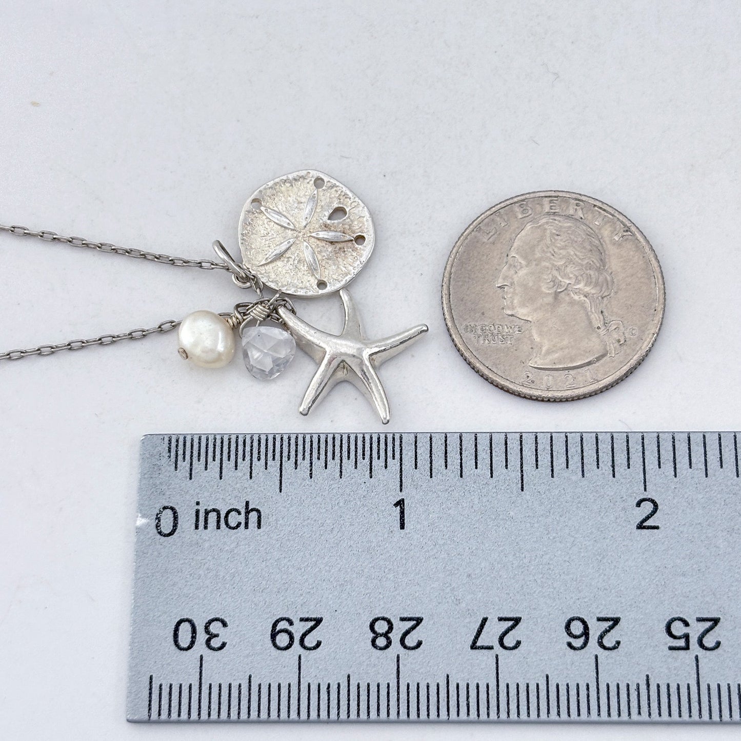 Vintage Sterling Silver 925 Sand Dollar Starfish Pearl Necklace 17.5"