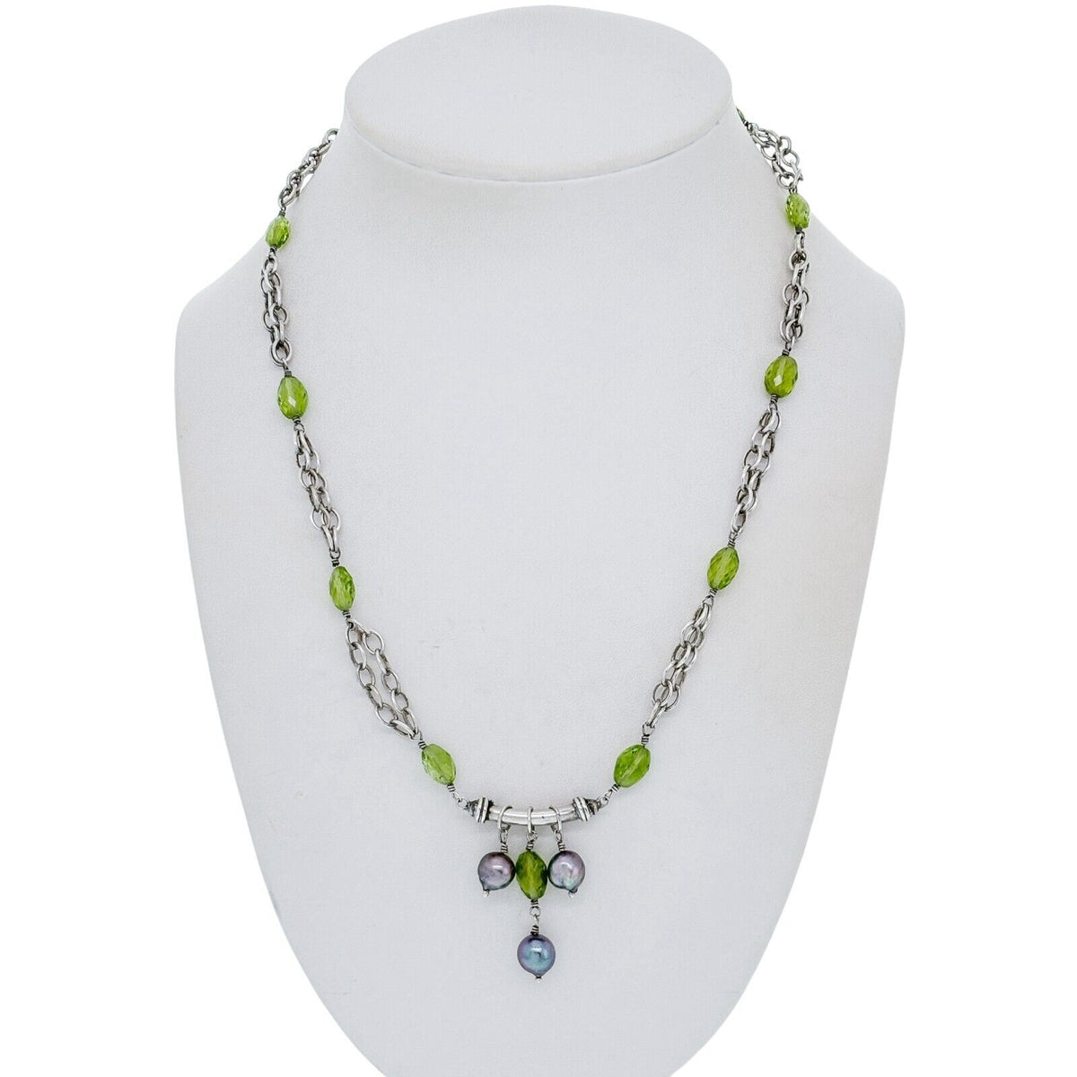 Vintage Silver-Tone Pearl and Prasiolite Dangle Necklace 19"