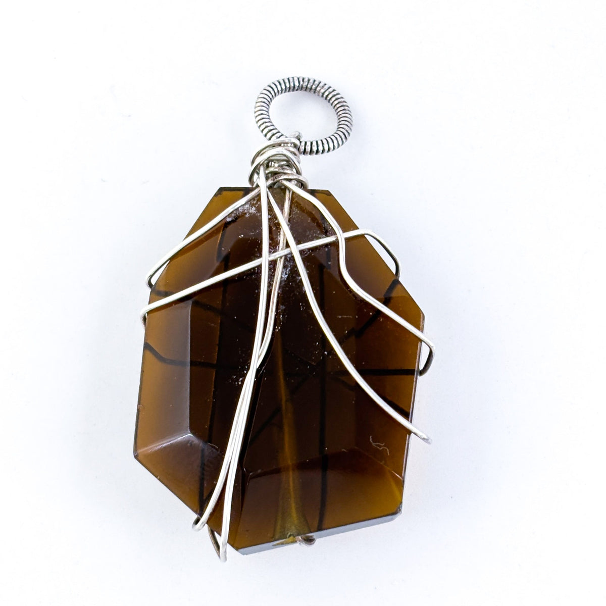 Handcrafted Wire-Wrapped Glass Pendant | Brown Geometric