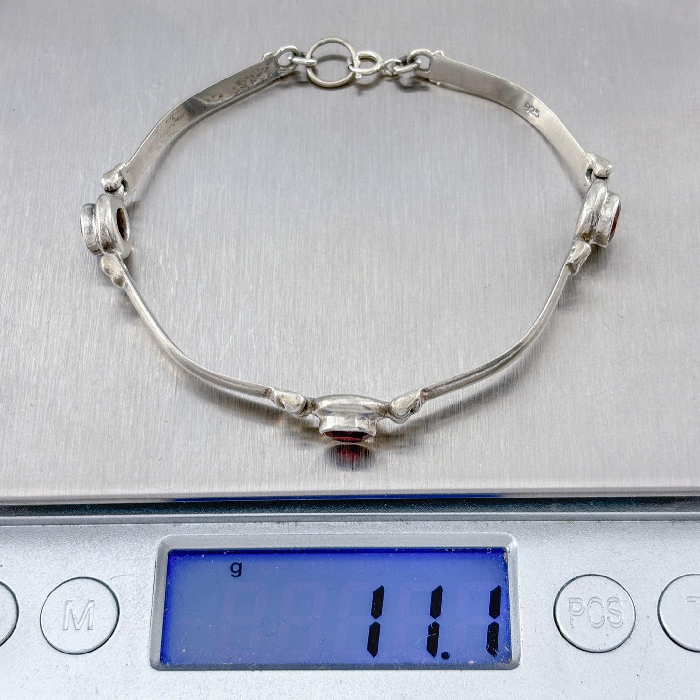 Vintage Sterling Silver 925 Garnet Link Bracelet 6.75"