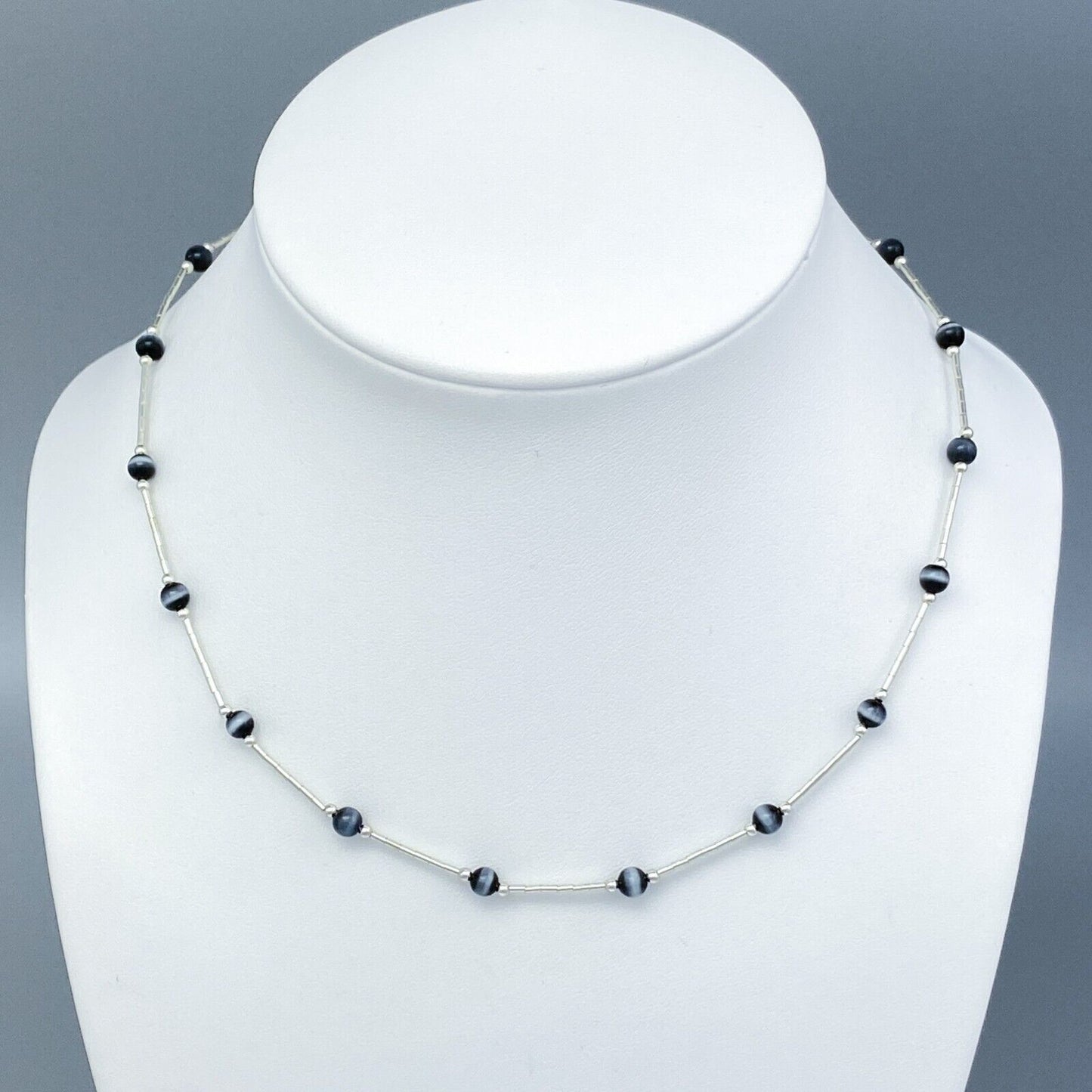 Vintage Sterling Silver 925 Black Cat’s Eye Bead Necklace 16"