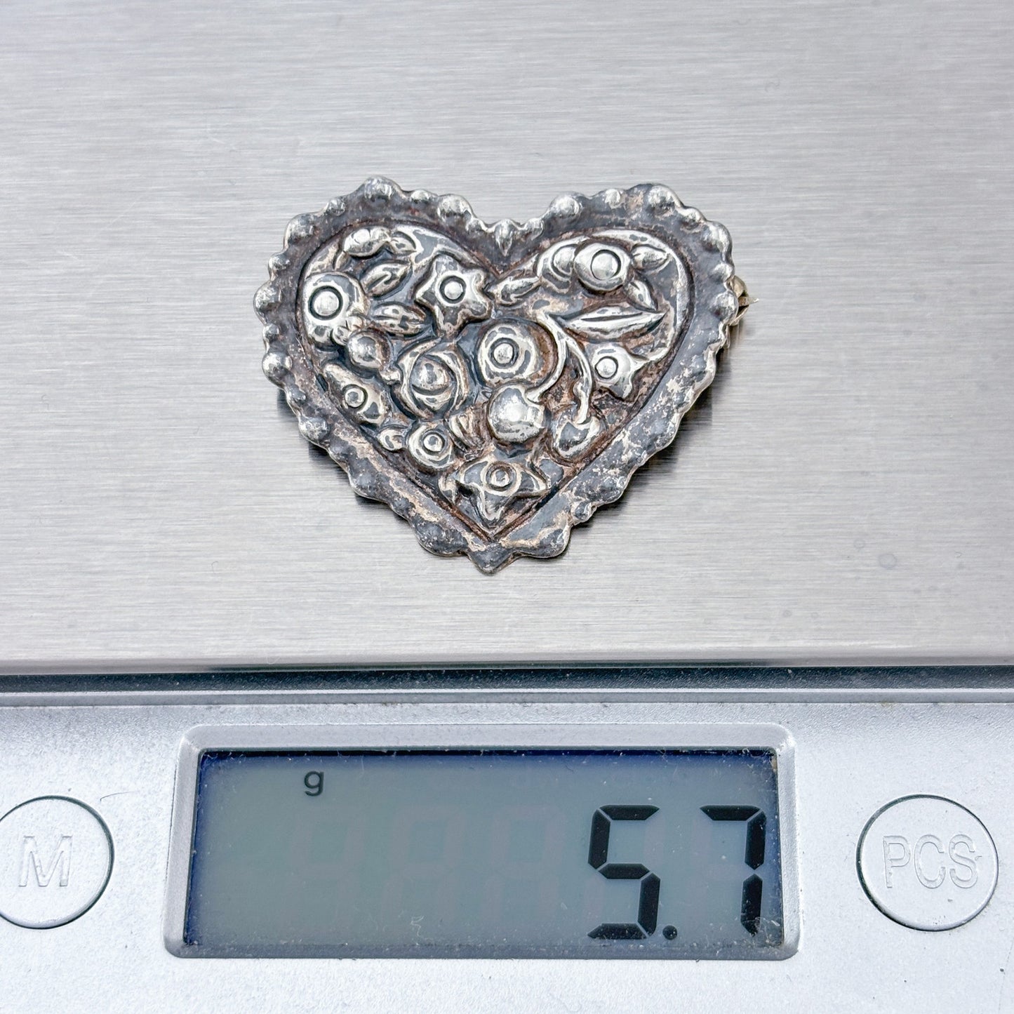 Vintage Sterling Silver 925 Heart Flower Brooch