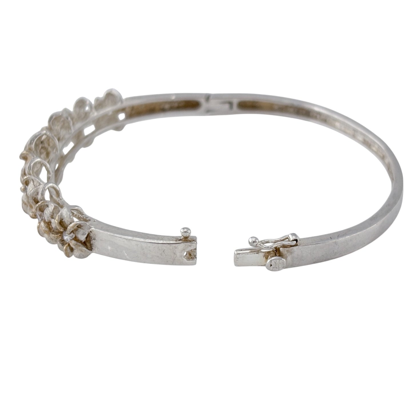 Vintage Sterling Silver 925 Cubic Zirconia Plumeria Bangle 6.75"