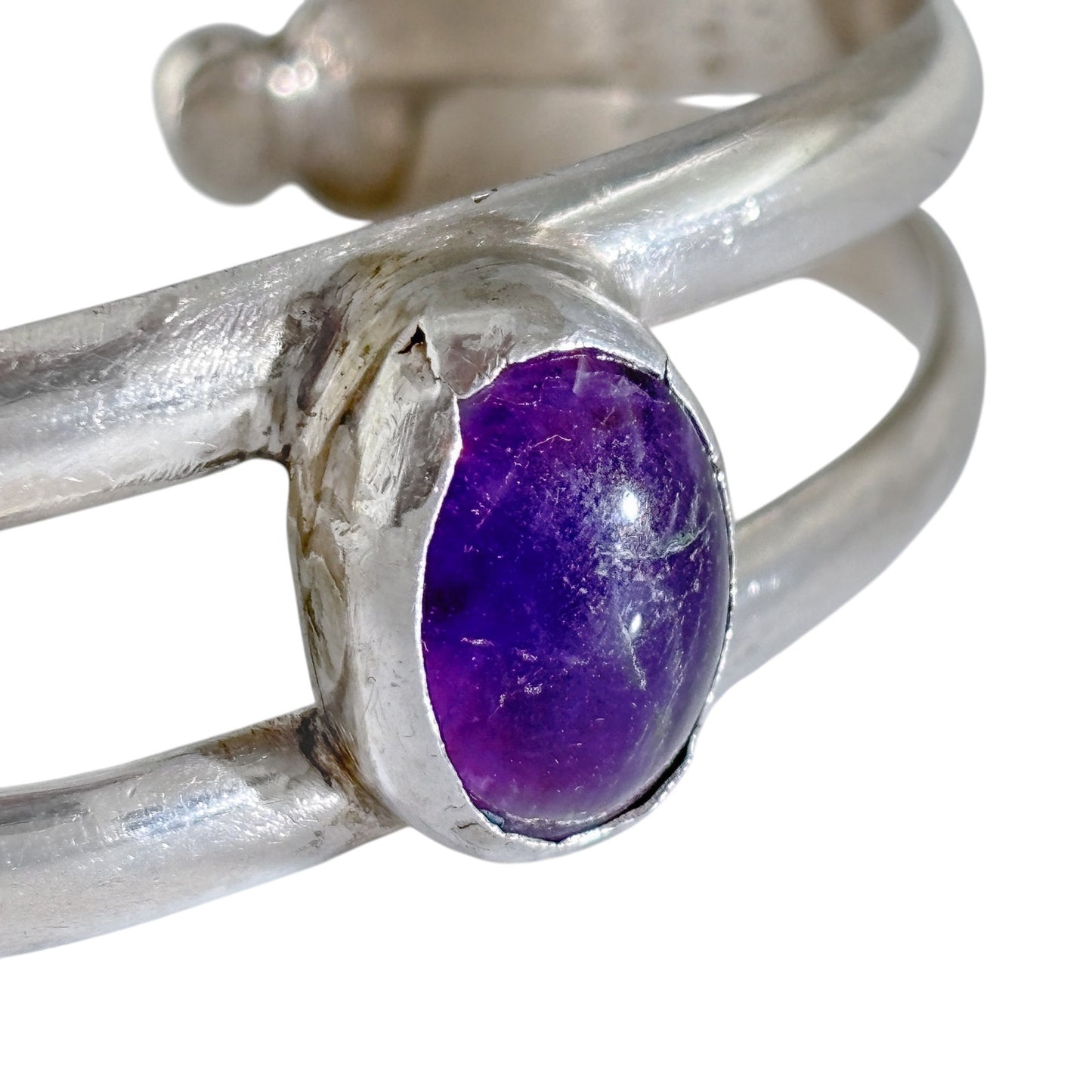 Vintage Sterling Silver 925 Sandcast Amethyst Cuff Bracelet 6.5"