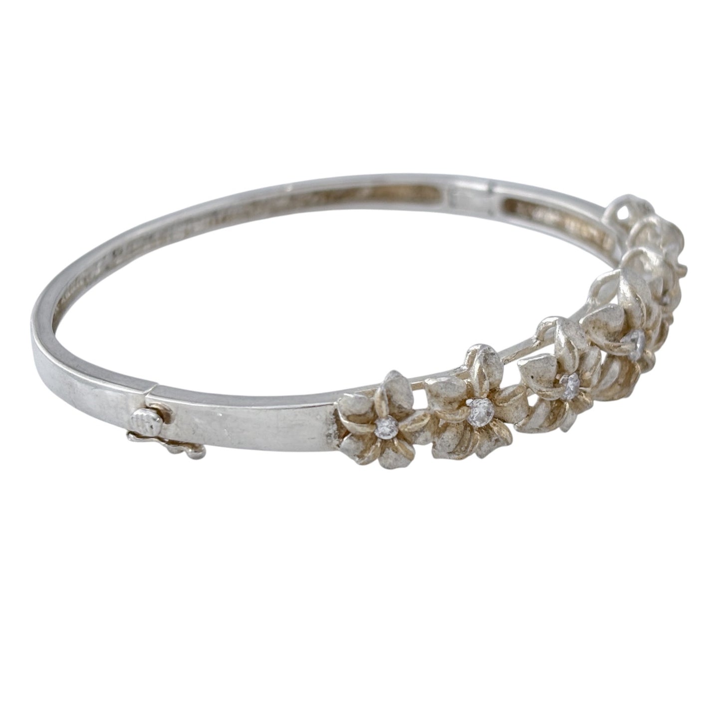 Vintage Sterling Silver 925 Cubic Zirconia Plumeria Bangle 6.75"