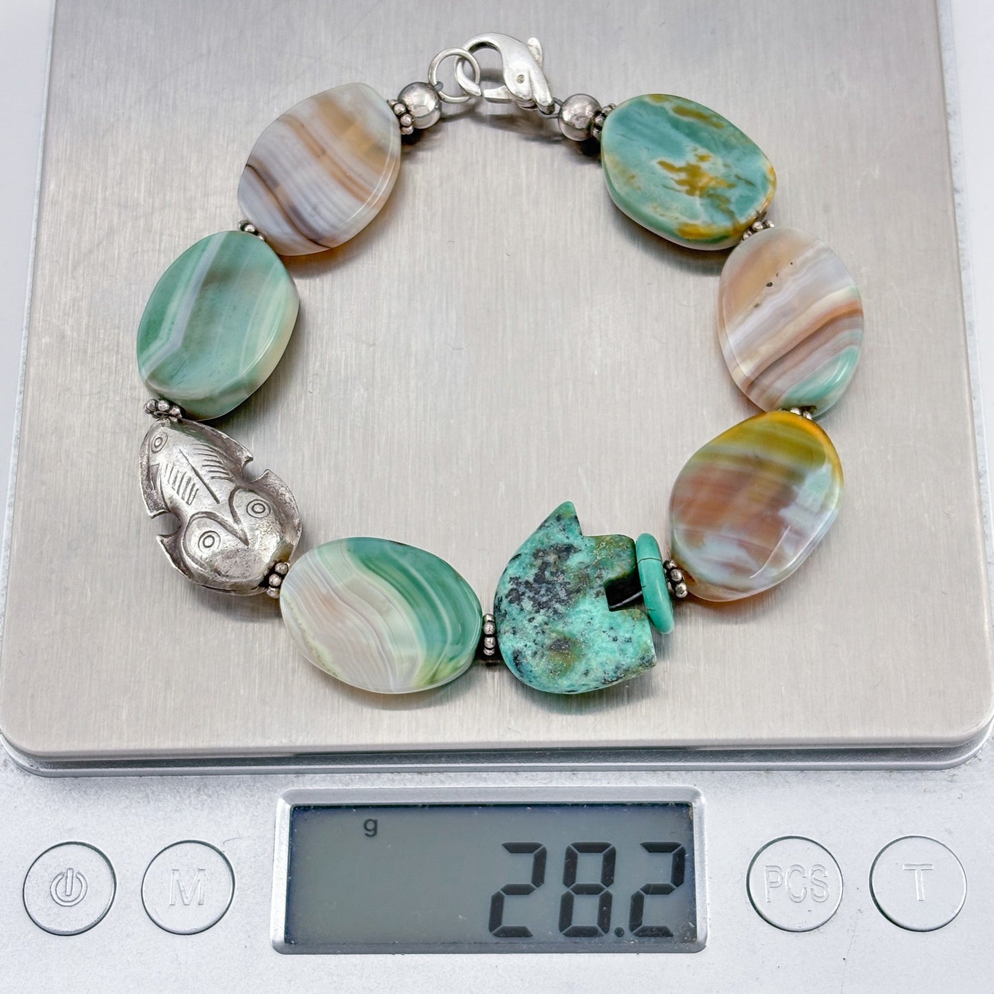 Vintage Sterling Silver 925 Turquoise Bear Frog Fetish Bracelet 7.5"