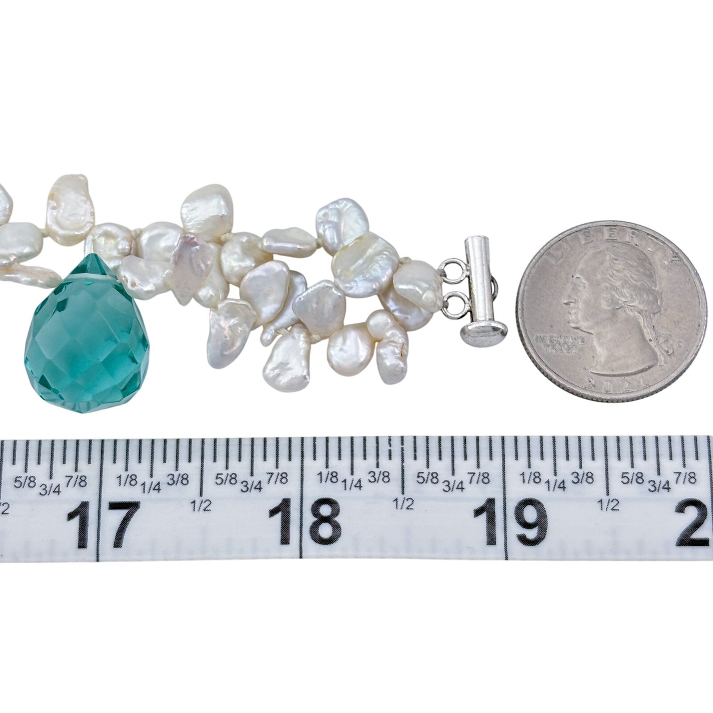 Vintage Sterling Silver 925 Pearl Teal Faceted Crystal Prism Necklace 19"