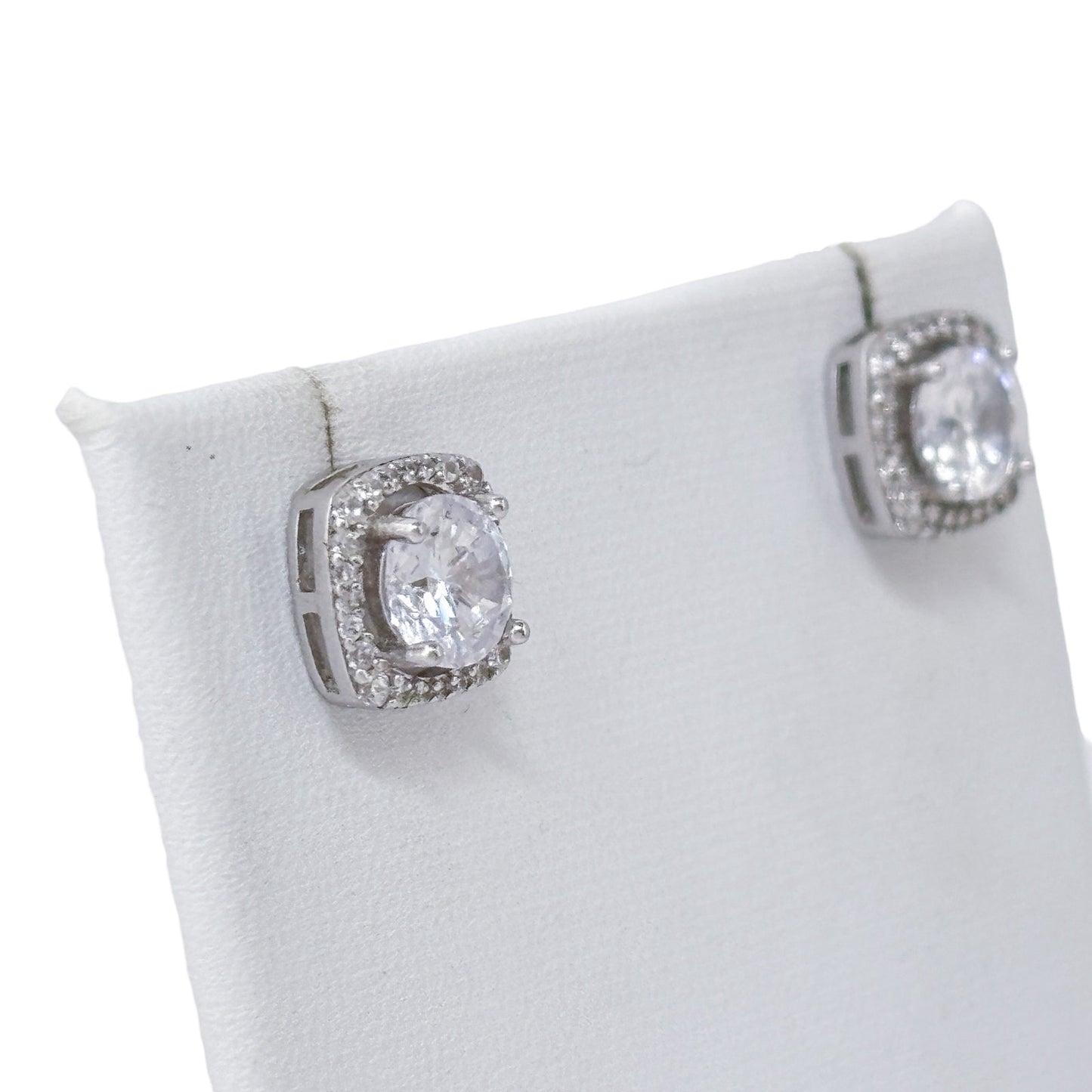Vintage Sterling Silver 925 Cubic Zirconia Square Halo Stud Earrings
