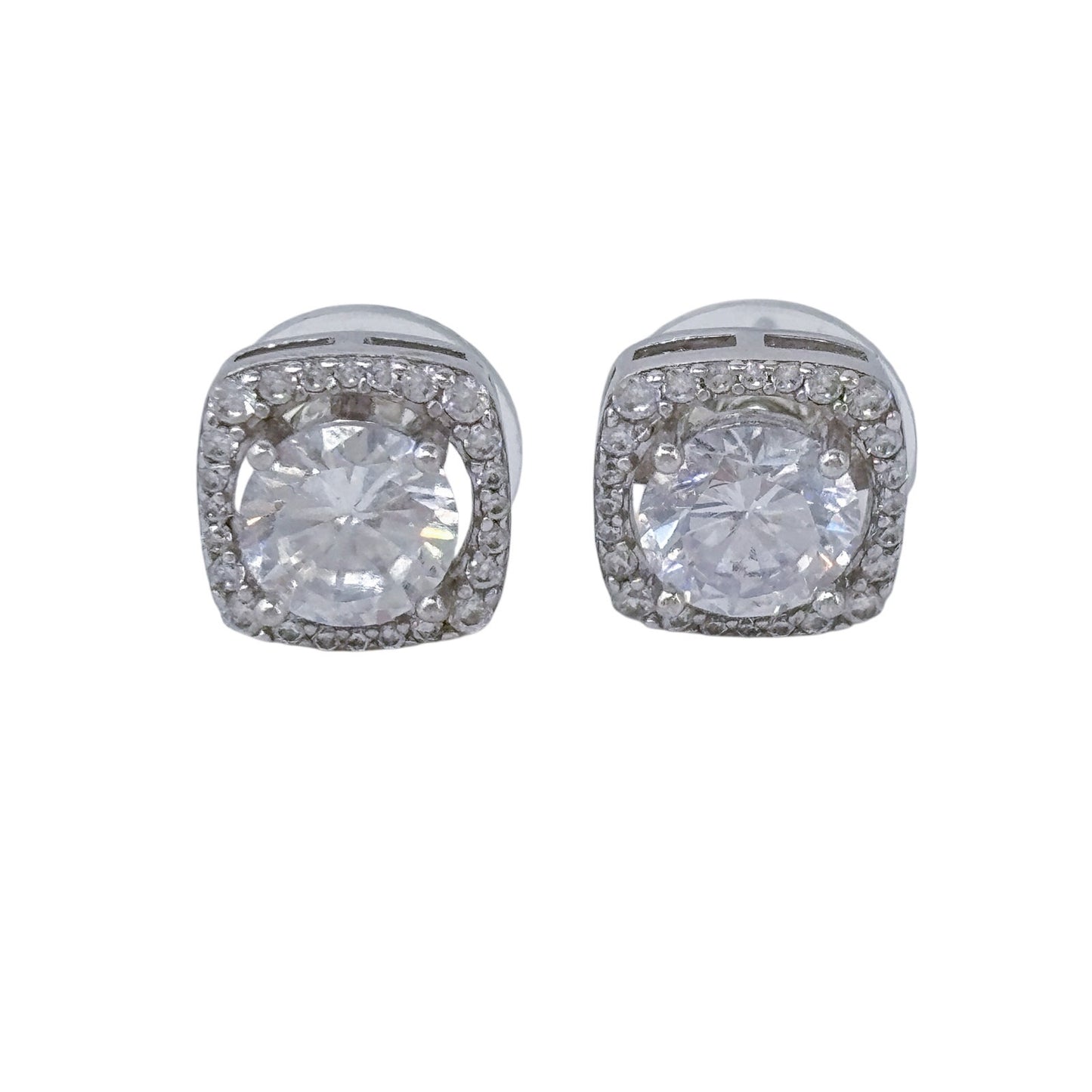 Vintage Sterling Silver 925 Cubic Zirconia Square Halo Stud Earrings
