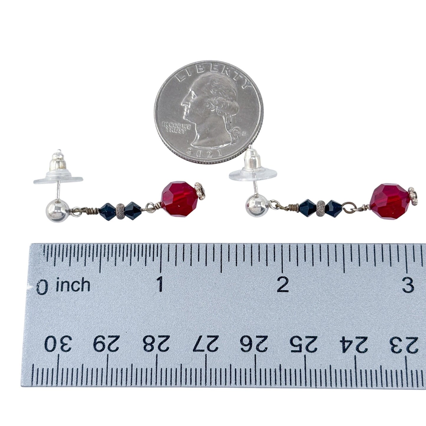 Vintage Sterling Silver 925 Red Crystal Bead Drop Earrings