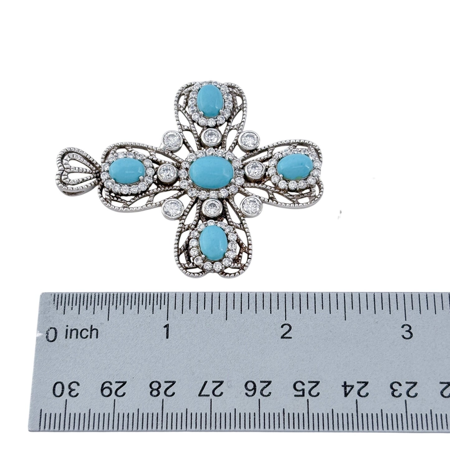 Vintage Sterling Silver 925 Turquoise Cubic Zirconia Cross Pendant
