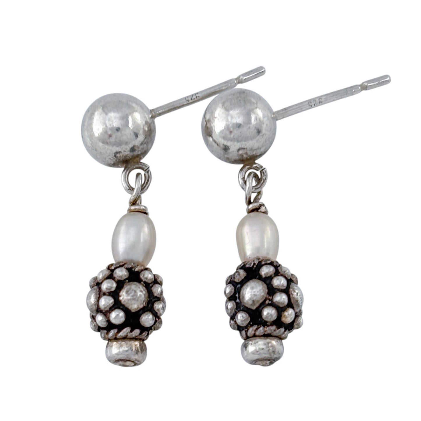 Vintage Sterling Silver 925 Pearl Bead Dangle Stud Earrings