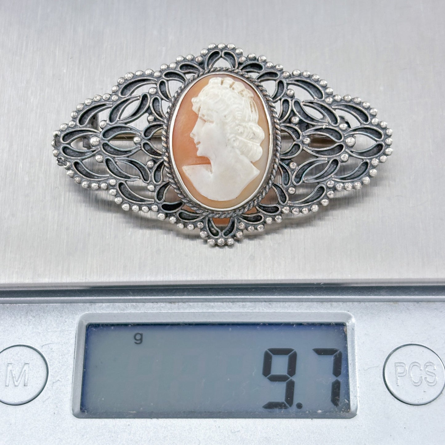Vintage Sterling Silver 925 Shell Cameo Brooch