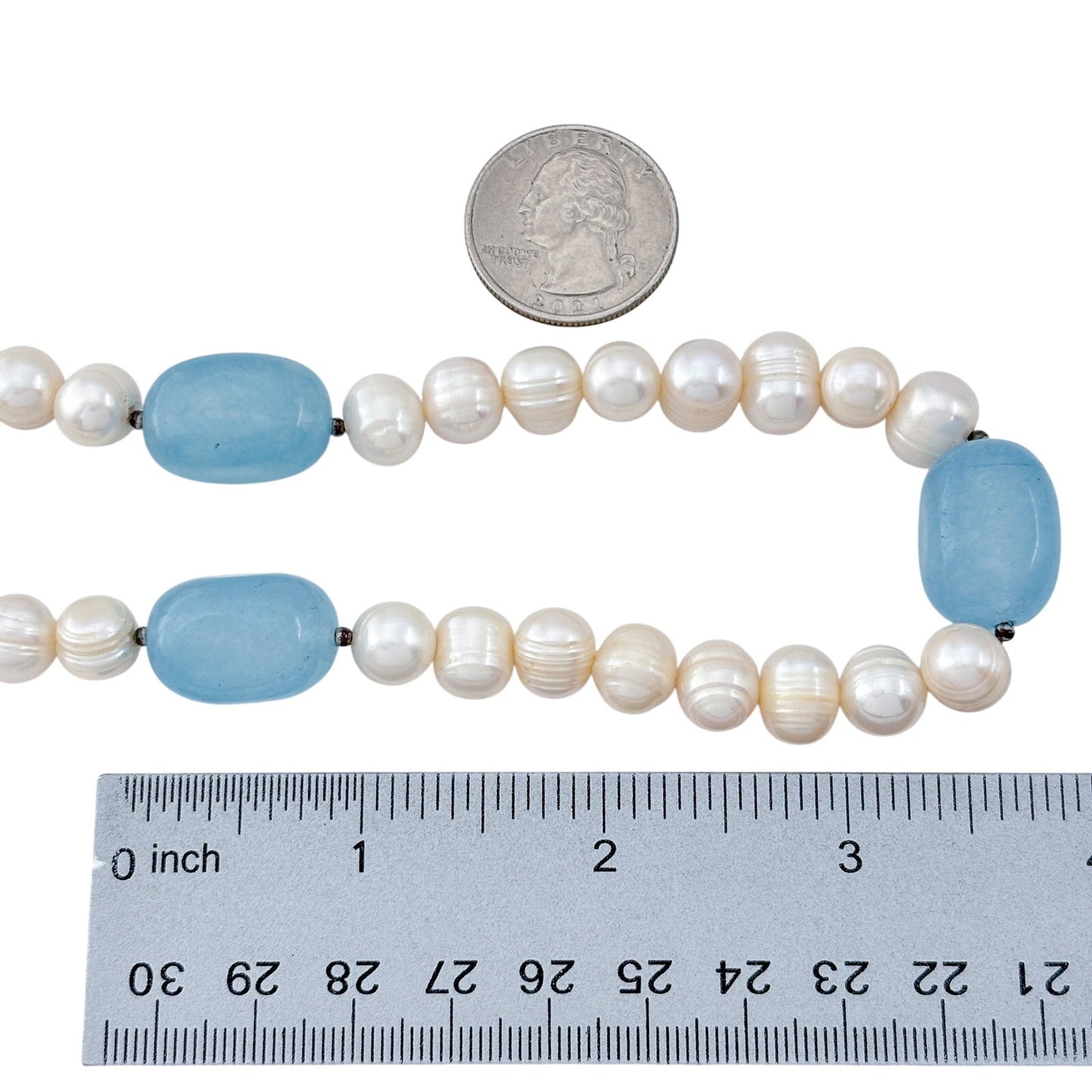 Vintage Sterling Silver 925 Pearl Milky Aquamarine Necklace 18"-20.5"