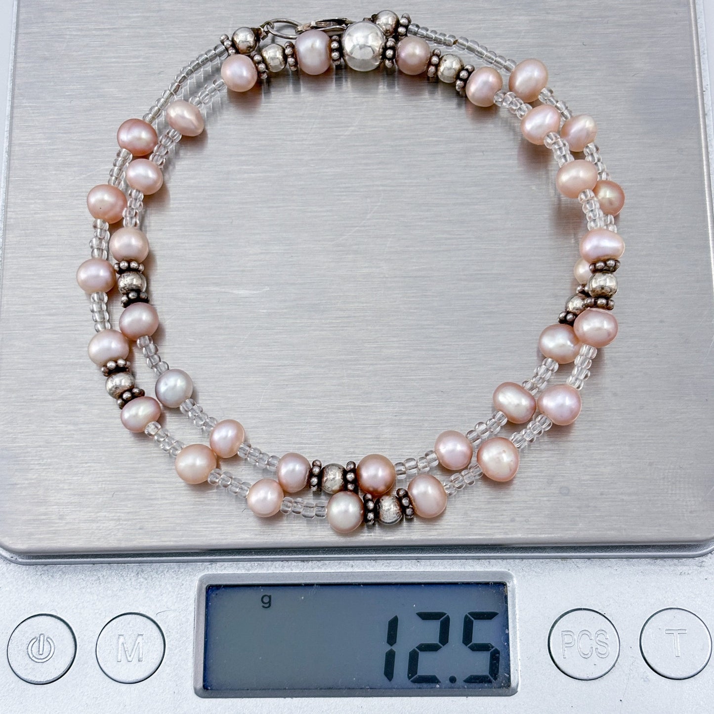 Vintage Sterling Silver 925 Pink Pearl Beaded Necklace 16.5"