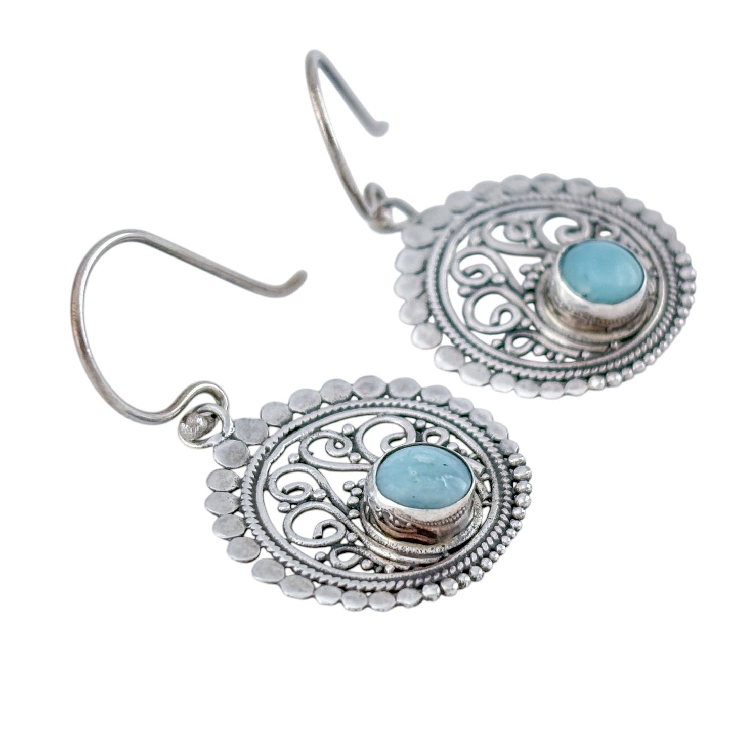 Vintage Sterling Silver 925 Larimar Filigree Dangle Earrings